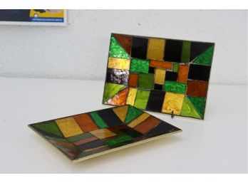 Two Vintage 1960s Georges Briard Style Stained Glass Mosaic Trays