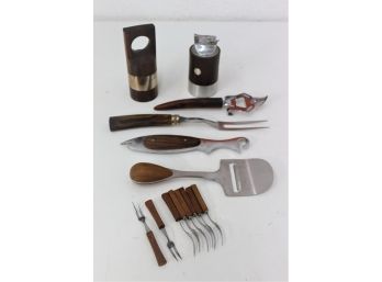 Group Lot Of Scandinavian MCM Style Wood And Stainless Bar/Wine/CheeseHors D'oeuvres Tools