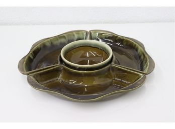 Vintage Sage/Tan USA Ceramic Bowl And Three Tray Surround Set - Marked 528 USA