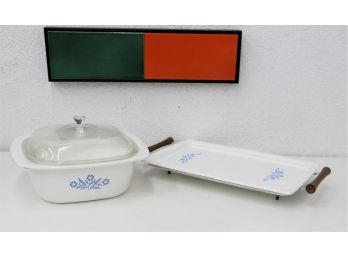 Vintage Blue Cornflower Corning Ware: Dutch Oven (P-34-B) And Bake Tray With Serving Frame (P-35-B)