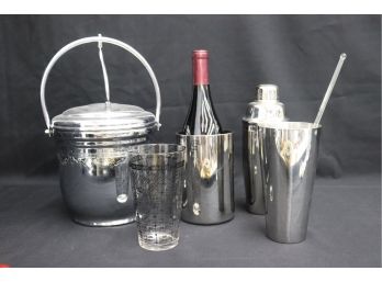 Stainless Steel Bar And Wine Equipment - Ice Bucket, Shakers, Bottle Sleeve - Bottle Not Included