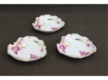 Three Yusui Porcelain Floral Painted Trinket Dishes With 24K Gold Plated Accents