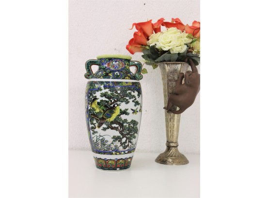 Vivid And Joyous Polychrome Multi-Bird Japanese Porcelain Vase