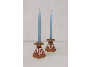 From Rhodes Greece: Pair Of Vivid Bonis Ceramics Enamel On Clay Vases/Candle Holders