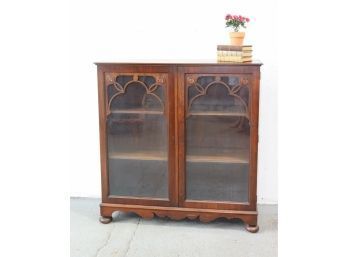 Inlaid Glass And Mahogany And Veneer Display Cabinet - Double Doors, Middle Divider For 6 Cubbies