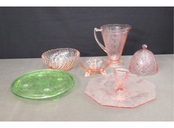Group Lot Of Depression Glass Serveware Items - 5 Pink And 1 Green