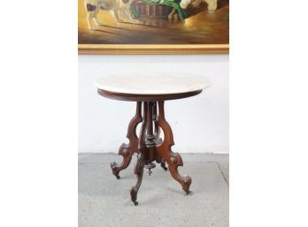 Vintage Beveled Marble Center/Parlor Table On Walnut Base With Turned Center Column