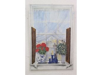 Trompe L'oeil Window View Cityscape Skyline On Board, Signed And Dated