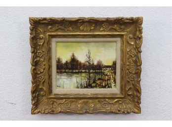 MCM Neo-impressionist Landscape Oil On Canvas, Signed Werdier- Highly Decorated Gilt Style Wide Border Frame