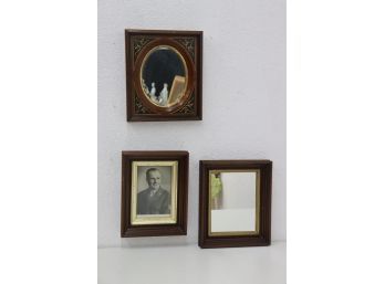 Three Frames - Oval Mirror With Painted Incised Detail, Rectangular Mirror, And Armed Service B/W Portrait