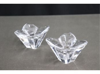 Pair Of 4 Petal Buttercup Glass Crystal Candleholders - Signed Bottom O F (orrefors)