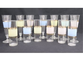 Federal Glass Frosted Pastels And Gold Rings: 6  MCM Highball Glasses And 7 Matching Pilsner Glasses