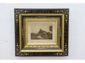 Ink And Wash Country Farmhouse Scene In Spectacular Inlay Painted Frame - Artwork Titled, Dated And Signed