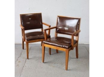 Pair Of Alma/Risom Style Wood And Mocha Marble Naugahyde Arm Chairs