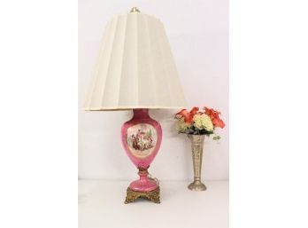 Royal Vienna Style Kaufmann Pink And Pictorial Porcelain Table Lamp - Brass Base And Finial