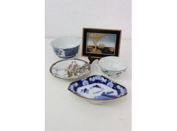Group Lot: Framed Carved Cork Seascape And 4 Asian Scenic Bowls (3 Blue And White And 1 Polychrome)