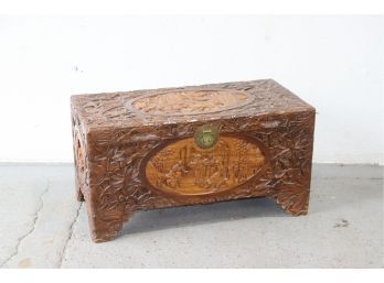 Intricately Carved Wooden Chest - 4 Story Scene Contrast Stain Bas Reliefs