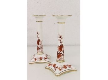 Fine Pair Of Coalport Indian Tree Coral Mounted Candlestick Holders