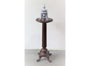 Wooden Round Top Plant Stand On Column Pedestal With 4 Scroll Feet