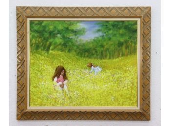 Diamond Hatch Pattern Wood Frame With Two Girls In Yellow Flower Field Image