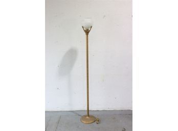 Textured Brass Torchiere Floor Lamp  Triple Raised Arm Supports Holding Translucent Glass Shade