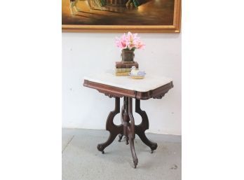 Marvelous Marble Top Entry/Side Table With Complex Demi Keyhole Base On Casters