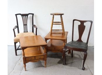Vintage Seating And Storage Group Lot: 2 Tables, 2 Chairs And A Stool