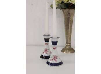 Pair Of Blue And White Floral Banded Candle Stick Holders