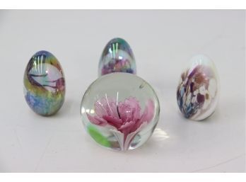Four Colorful Art Glass Paper Weights - Round And Oval