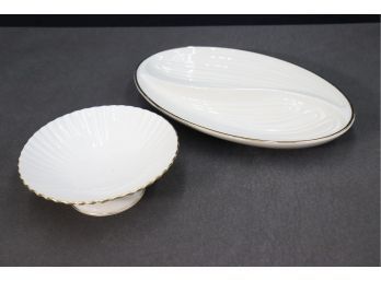 Lenox  White With Gold Rim Pedestal Bowl And Split Oval Platter - Lenox House Warming Line