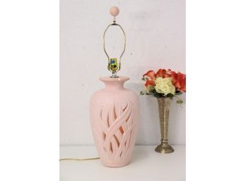Pebbled Pink Table Lamp With Decorative Botanic Cutouts (chip On Top Rim)