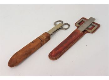Two Sets Of Vintage Paper Knives And Scissors - Leather Sheathes (one Has Magnifying Glass)