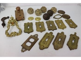 Group Lot Of Vintage Brass And Metal Switch Plates, Pulls, Door Know And Lock, Knocker And More