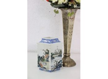Chinese Polychrome Landscapes Enamel On White Ground  Lozenge Shaped Vase