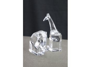 Orrefors Sweden Mini Glass Crystal Elephant And Giraffe - Etch Signed And Numbered On Bottoms
