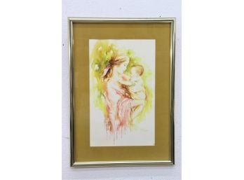 Vintage Framed Lush Watercolor Of Mother Holding Baby, Signed Lower Right