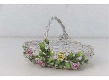 Darling German Porcelain Reticulated Woven Basket With Beautiful Floral Applique