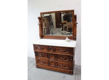 Substantial Marble Top Mahogany Dresser With Full Width Tilt Mounted Mirror