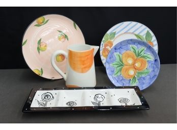 Festive Servware Group: Tray, Plates And Pitcher, Including Dana Simson, Designpac, Fortunoff