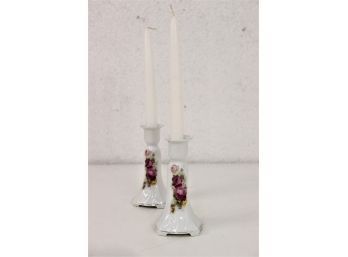 Pair Of Rose Painted Czechoslovakian Porcelain Candle Stick Holders