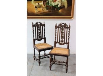 Pair Of Cane Seat Highly Carved Barley Twist And Grape Vine Splat/Uprights