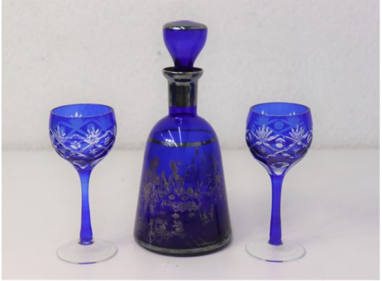 Silver Band And Pictorial French Navy Blue Decanter With 2 Cobalt Blue Cut To Clear Wine Glasses
