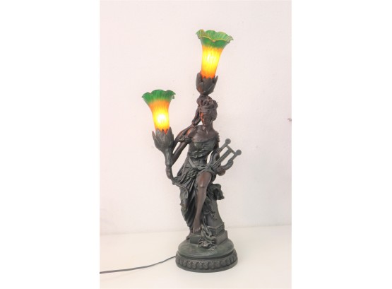 Art Nouveau Style Harp Lacy Figurine Lamp - Two Bi-Color Glass Trumpet Shades (one Shade Damaged)
