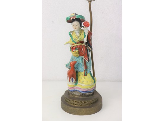 Chinese Porcelain Famille Rose Goddess Magu Figure Lamp On Brass Base