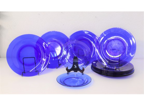 Group Lot Of 11 Fabulous Blue Glass Plates (9   10'Round,   2  7.5'round)