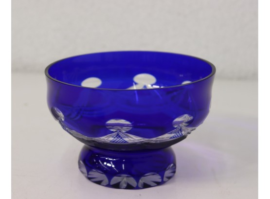 Blue Bohemian Glass Pedestal Bowl - Grecian Swag And Starburst Cut To Clear Patterns