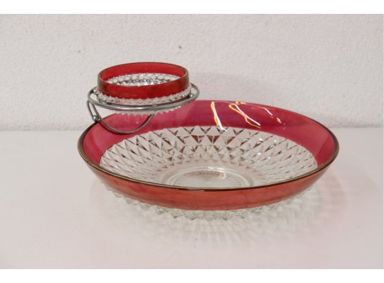 Elegant Diamond And Cranberry Cut To Clear Chip-n-Dip - Stainless Ball And Rod Bowl Attachment