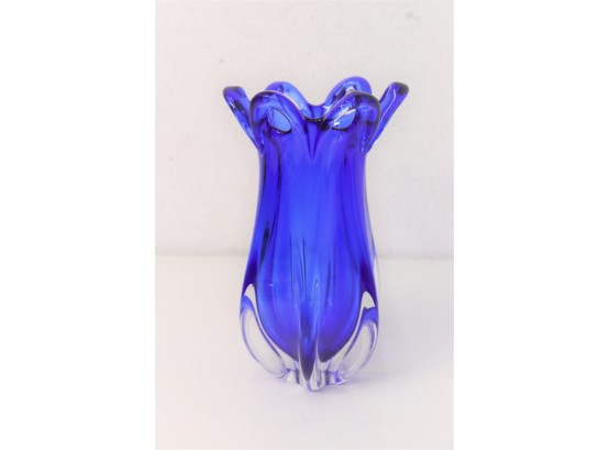 Blue To Clear Thick Glass Reticulated Splash Vase