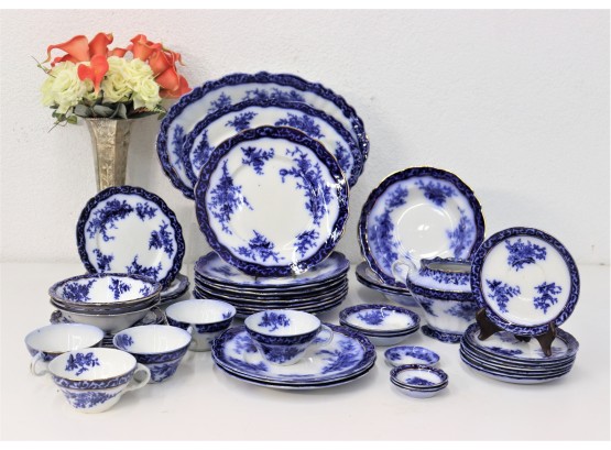Regal Lot Of Vintage Dinnerware Stanley Pottery Flow Blue Touraine With Gold Gilt Bands (incomplete Set)