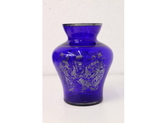 Vintage Cobalt Blue Cornucopia Pattern Broad Hydria Vase